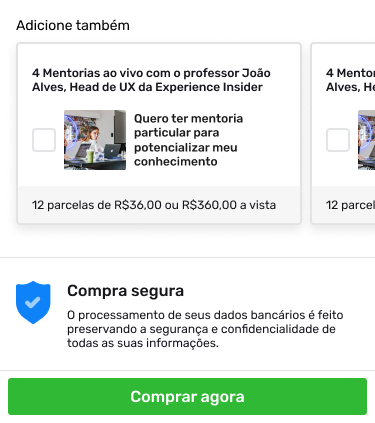 Demonstrativo do order bump no design de checkout Primefy.